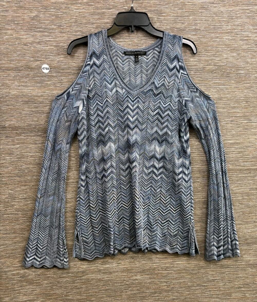 White House Black Market Blue Herringbone Cold Shoulder Knit Top Womens Size M